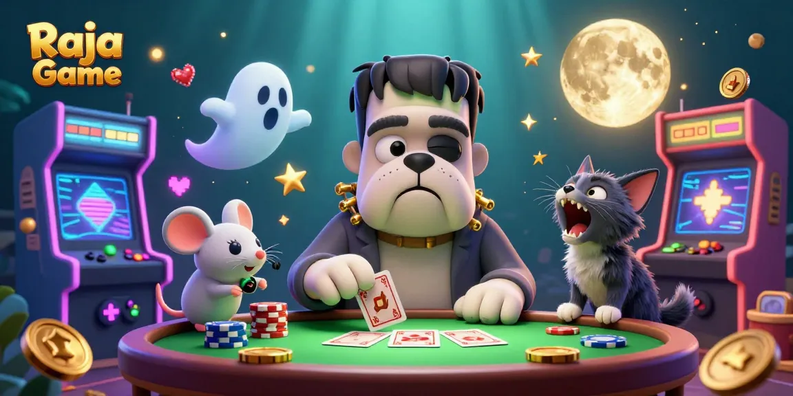 Engaging players at Raja Game, a vibrant cartoon gaming scene featuring a bulldog dealer and ghostly mouse among casino elements.