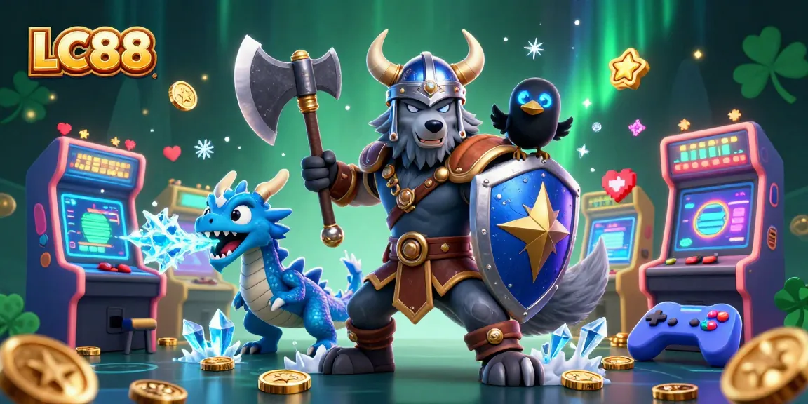 Engage in thrilling gameplay at LC88 with vibrant characters amidst casino elements and arcade excitement.