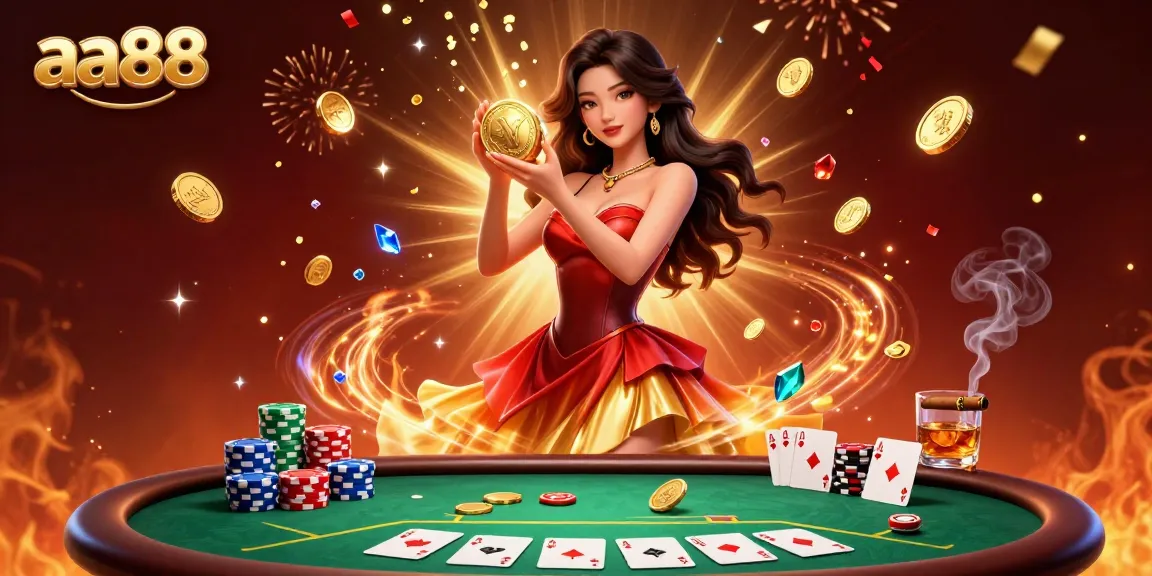 Experience winning at aa88 with an engaging scene of a glamorous poker setting with vibrant elements.