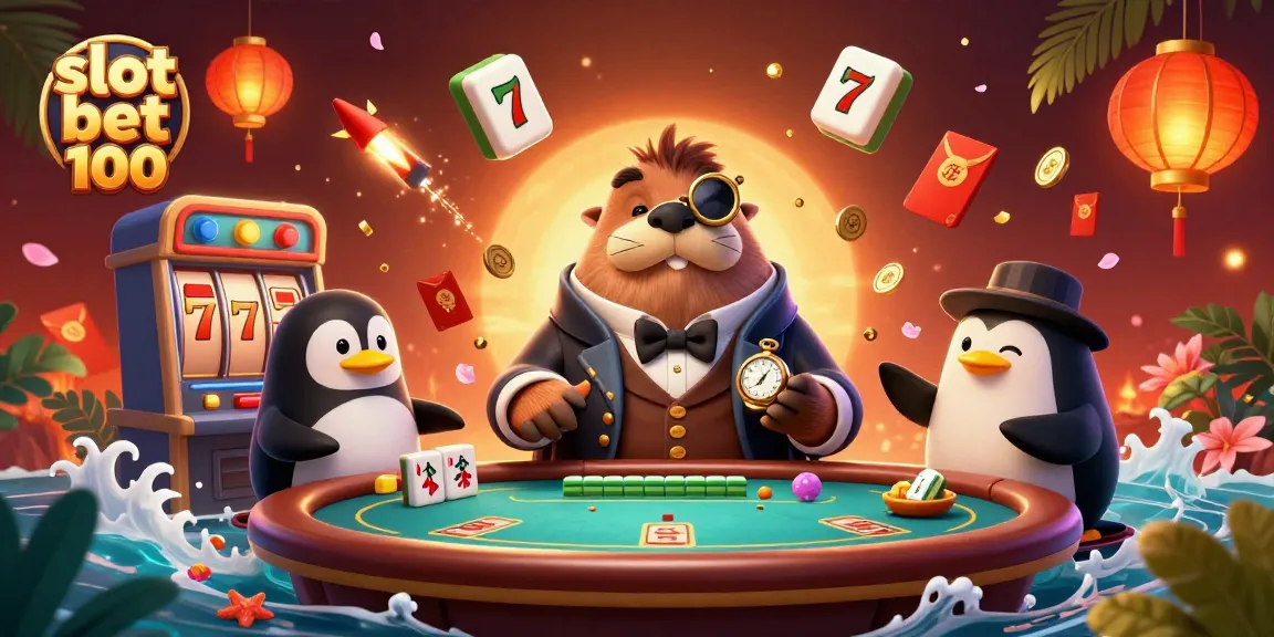 Engage in a thrilling slot bet 100 experience with lively characters in a casino scene.