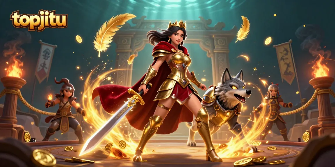 Experience the thrill of gaming with topjitu's dynamic casino scene featuring a warrior queen and glowing wolf.