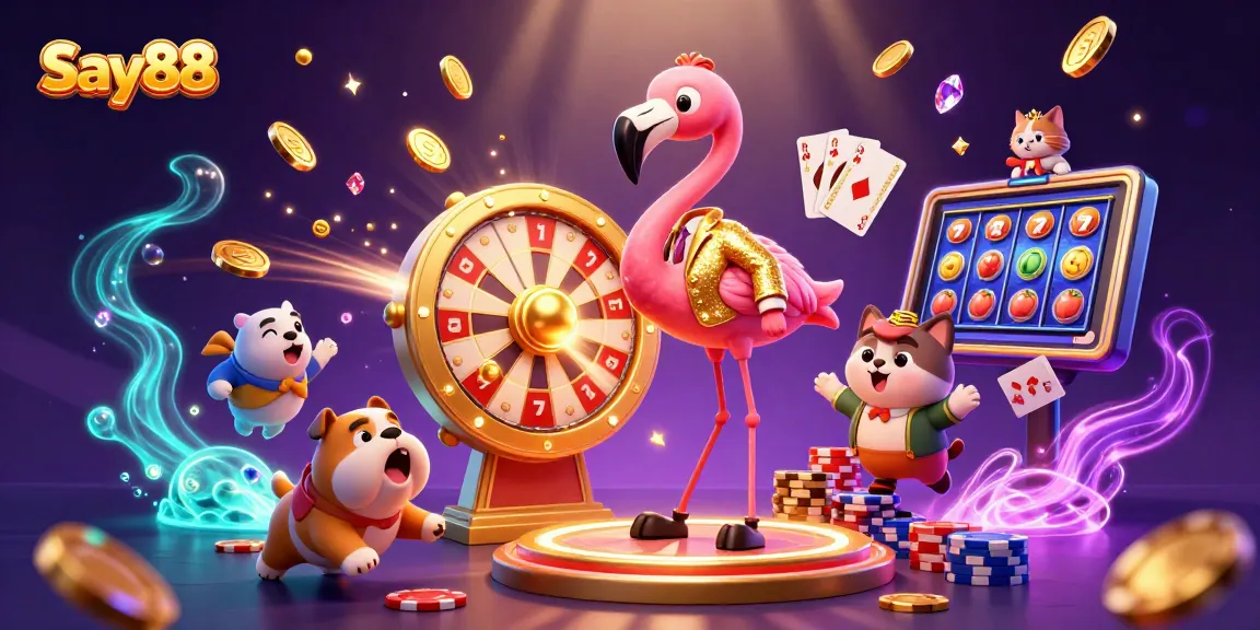 Engage in thrilling gameplay at Say88 with an energetic scene featuring a flamingo host, bulldog contestant, and dynamic prize wheel.