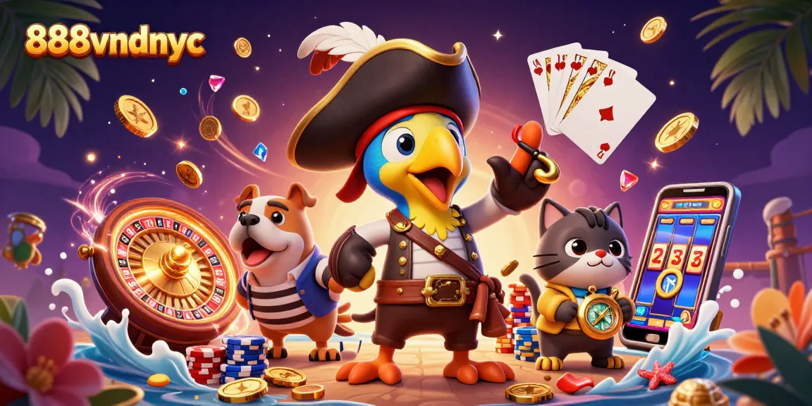 Experience the thrilling casino action at 888vndnyc with our vibrant, dynamic illustration featuring a pirate captain and casino elements.