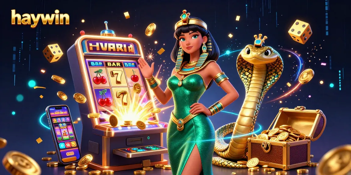 Win big with haywin at the online casino featuring vibrant 3D illustrations of a stunning woman and a golden cobra.