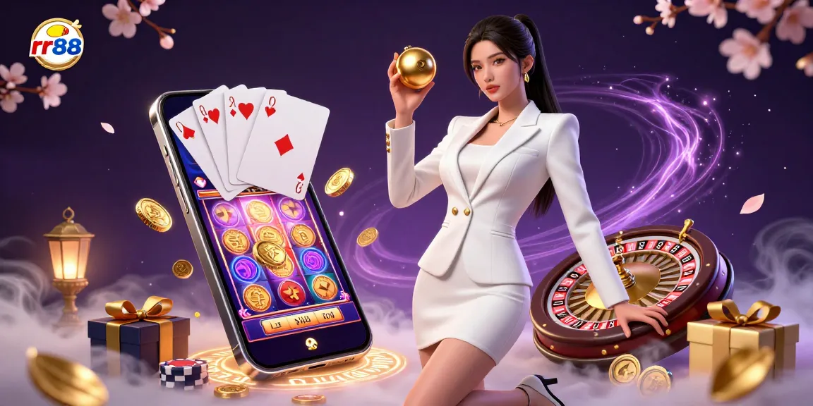 Experience rr88's vibrant casino energy, showcasing a stunning Asian woman amidst a luxurious game scene.