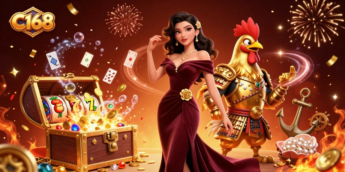 C168 showcases a glamorous scene with a woman and rooster warrior amidst a vibrant casino-themed celebration.