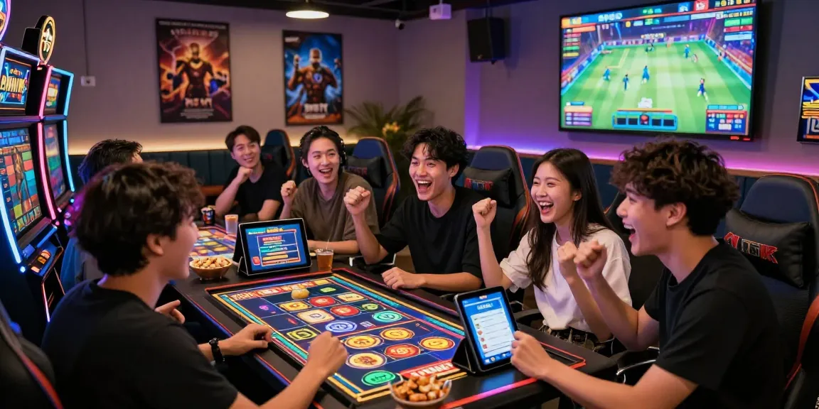 Social gaming experience with friends using pajaktoto online slot platform in a modern lounge.