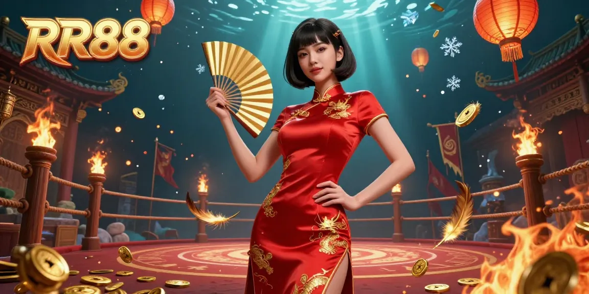 Experience RR88’s lively gaming atmosphere with stunning visuals featuring an Asian woman in a red qipao amid golden coins and lanterns.