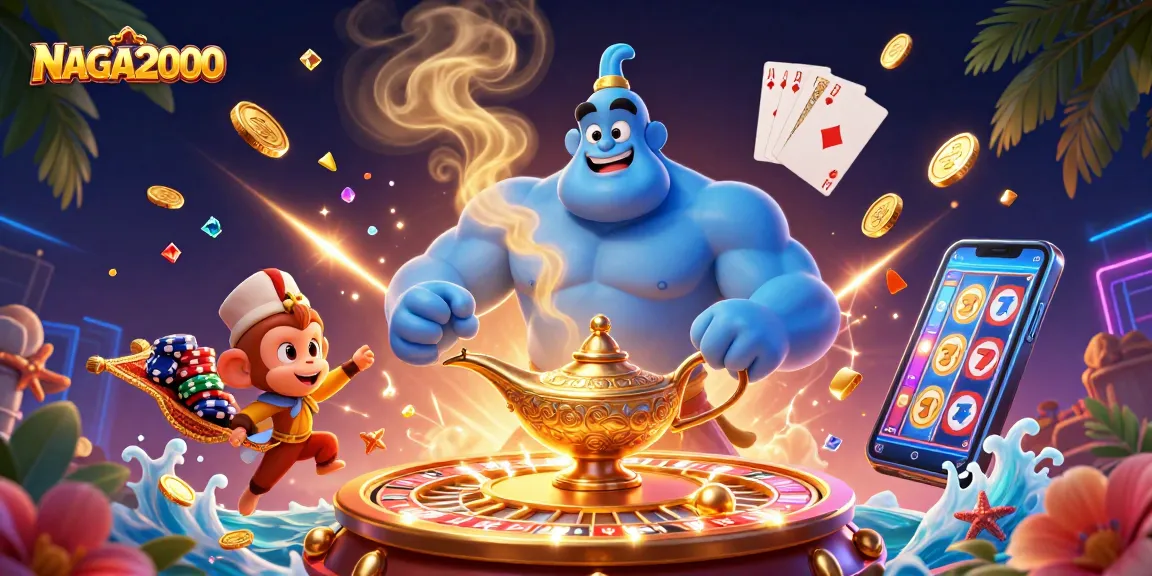 NAGA2000 menampilkan adegan 3D yang cerah dengan jin biru, chip poker, dan permata berkilau untuk aksi slot yang mendebarkan.