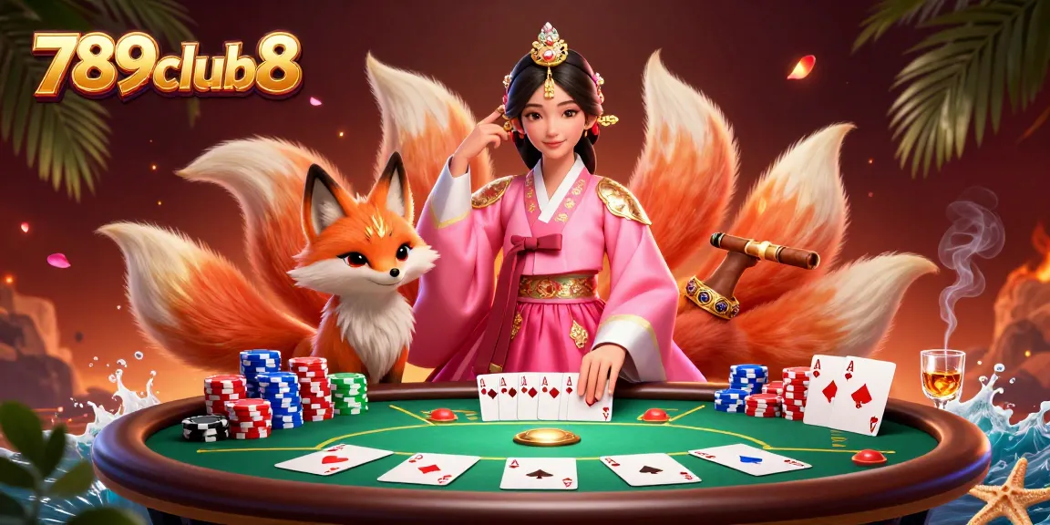 Experience excitement at 789club8 with a vibrant casino scene featuring poker chips and unique characters.
