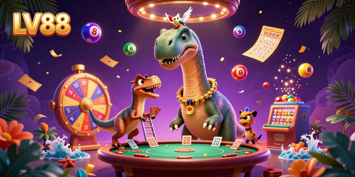 Experience the vibrant LV88 casino atmosphere with a fun 3D dinosaur poker scene.