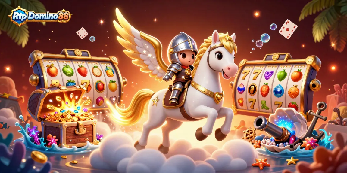 Experience thrilling gameplay with Rtp Domino88 in a vibrant 3D casino scene filled with slot elements and dynamic characters.