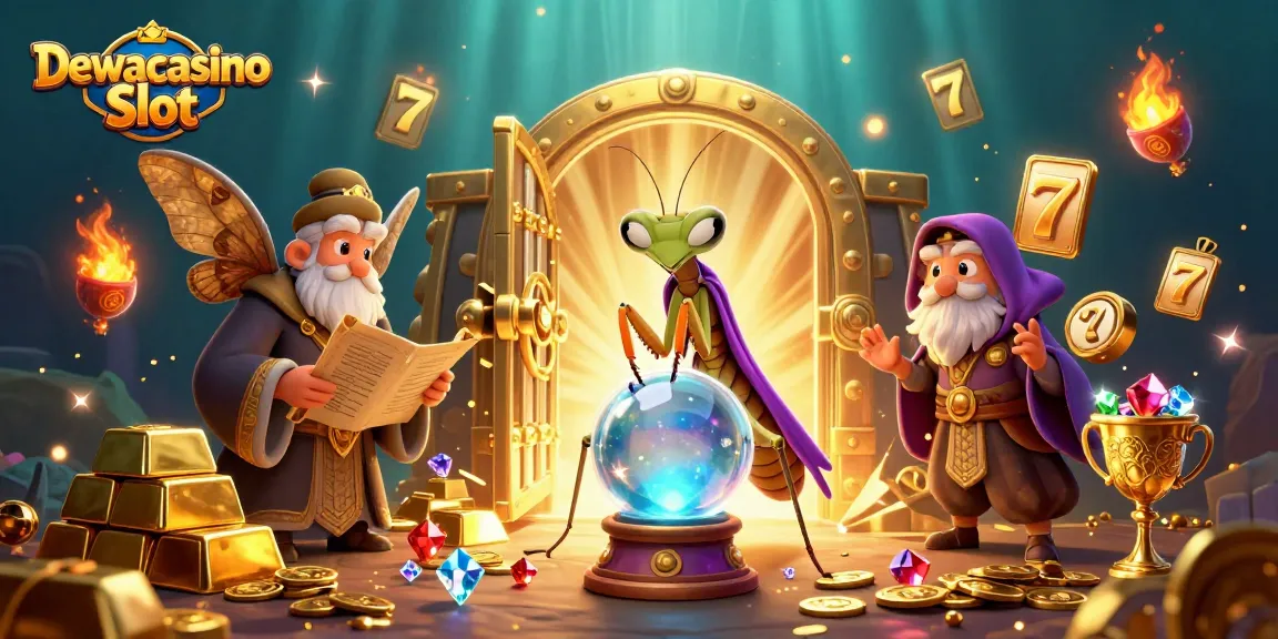 Engage with Dewacasino Slot's vibrant 3D scene featuring a fortune teller and librarian surrounded by treasures and slot elements.