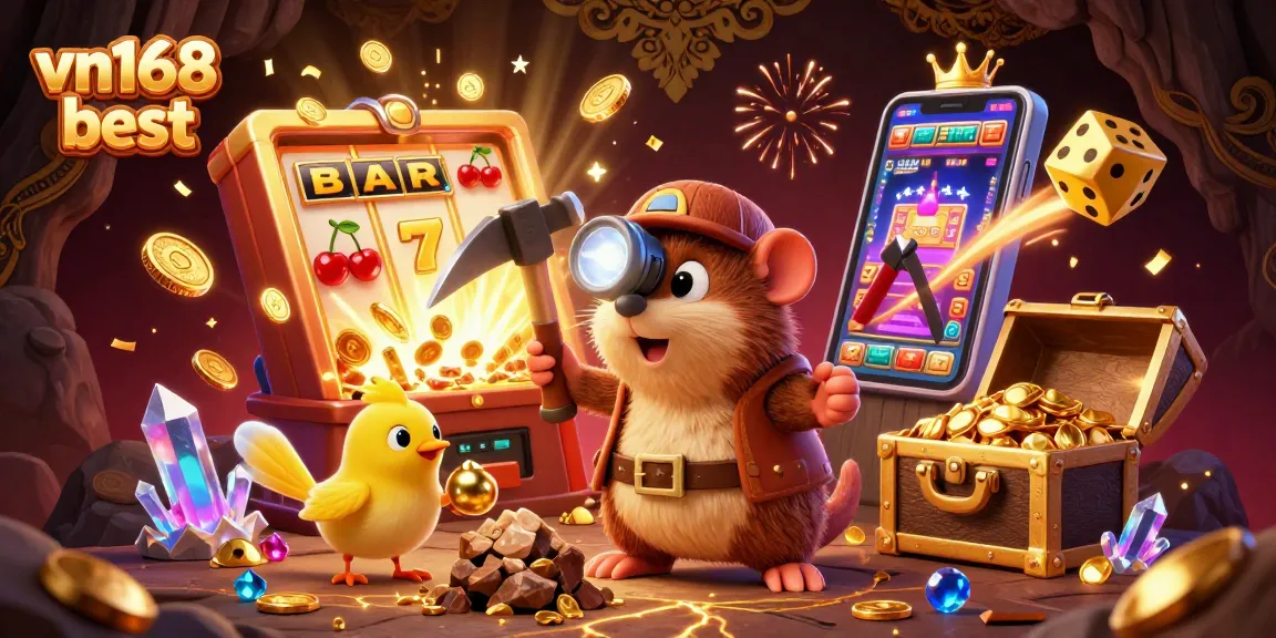 Engage with the vibrant excitement of vn168 best casino games, featuring a treasure hunter mole and dynamic slot machine visuals.