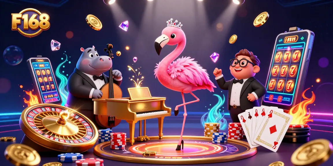 Experience the thrill of F168's vibrant casino scene with shimmering slots and dynamic characters.