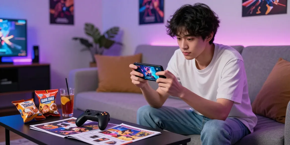 Player enjoying an android hentai game on a smartphone in a vibrant gaming setup.