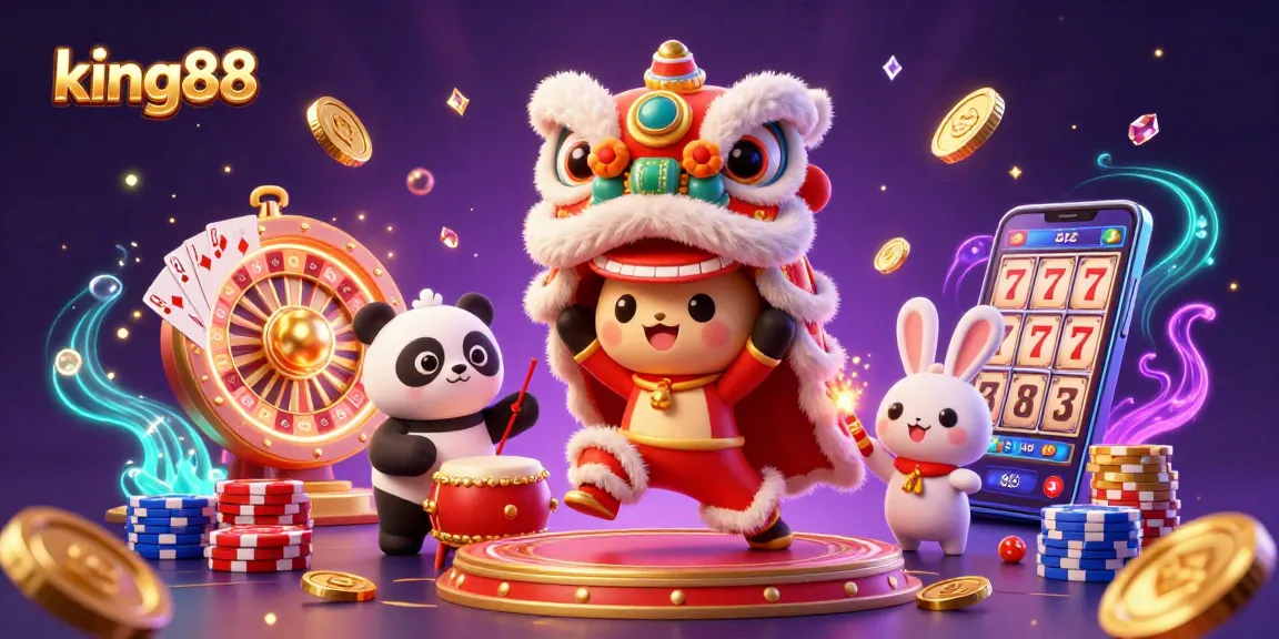 Experience thrilling gaming at king88 with a lively lion dance, poker chips, and golden coins.