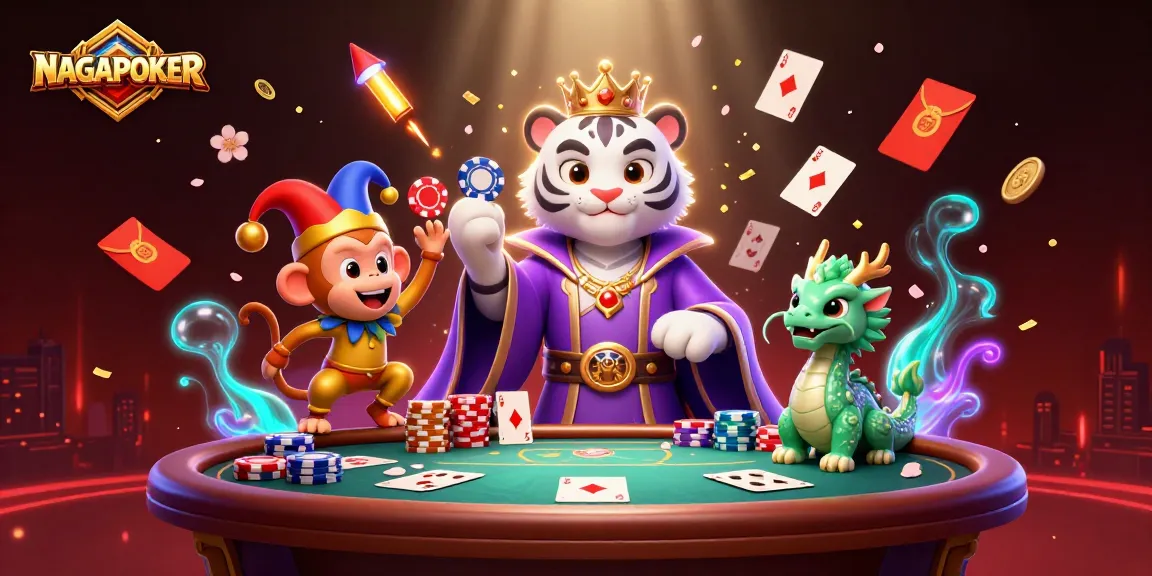 NAGAPOKER showcases an immersive poker scene with vibrant characters and dynamic casino elements.