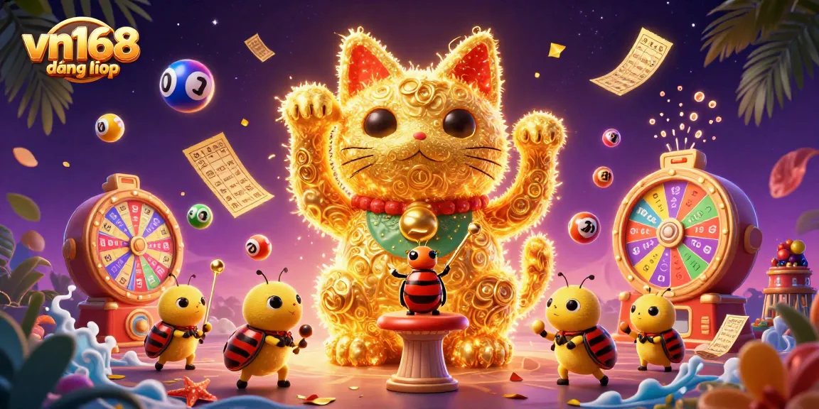 Experience thrilling gameplay at vn168 đăng nhập with vibrant lottery elements and a dancing lucky cat.