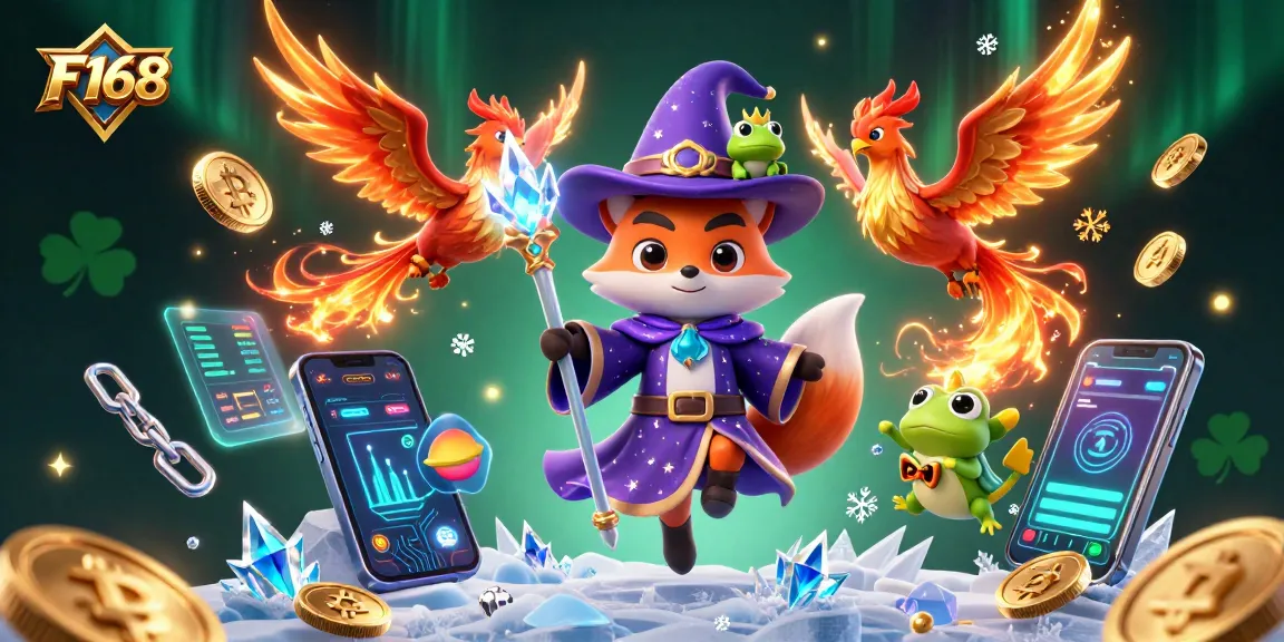 Experience F168 with a dynamic 3D illustration of a wizard fox, phoenix, and enchanted elements.