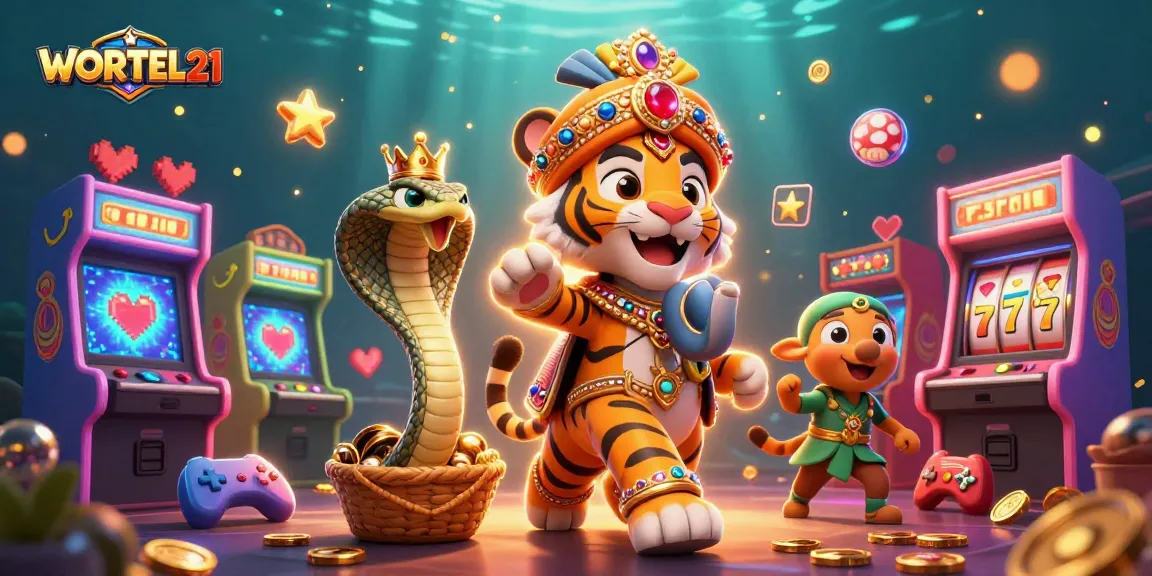 WORTEL21 showcases an exciting casino scene with a maharaja tiger, jewel-encrusted elements, and engaging gaming activities.