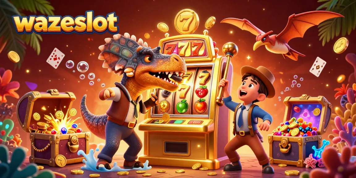 Wazeslot offers a jackpot experience with colorful slot symbols and golden coins visually spilling from a winning slot machine.