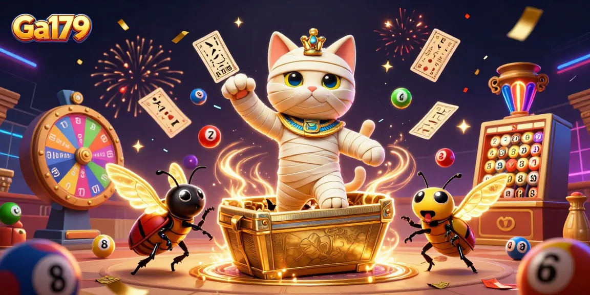 Engage in thrilling cockfighting action with Ga179 in a vibrant, dynamic casino setting featuring colorful lottery balls and festive decorations.