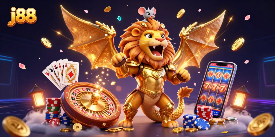 Engage with j88's thrilling gambling experience featuring a roaring chimera and vibrant casino elements.