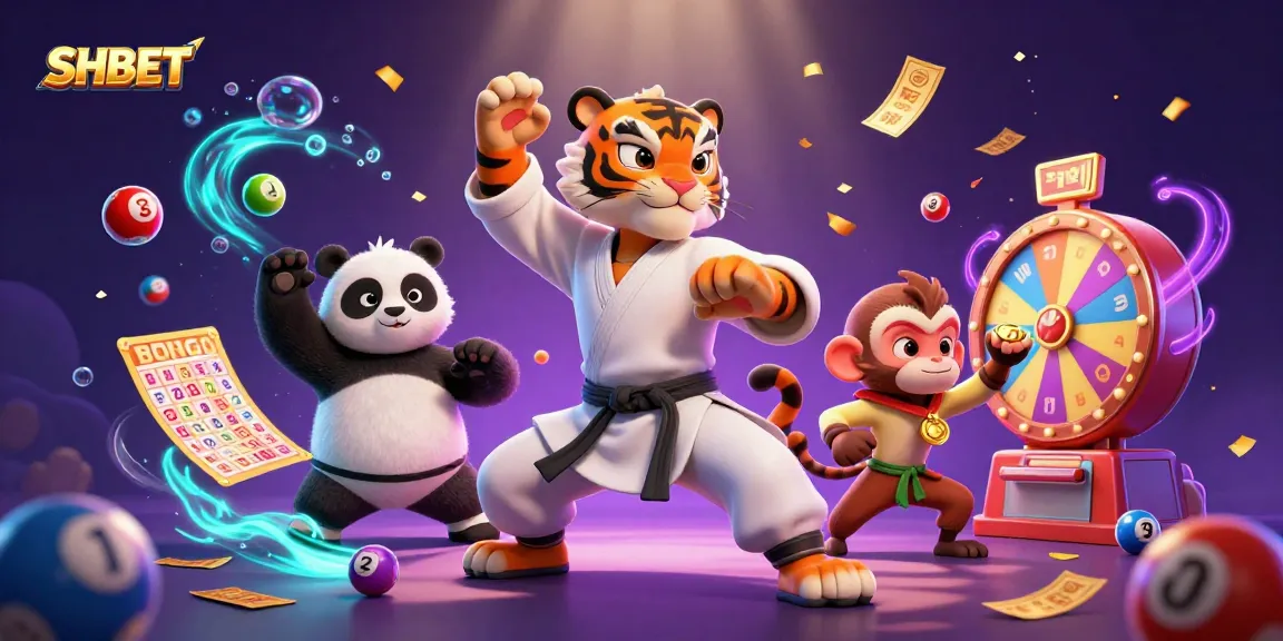 SHBET offers an exciting digital casino experience featuring a fun martial arts scene with characters and colorful game elements.