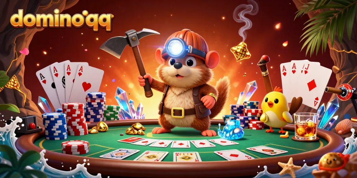 Experience the thrill of dominoqq gaming with our vibrant cartoon illustration showcasing poker elements in action.