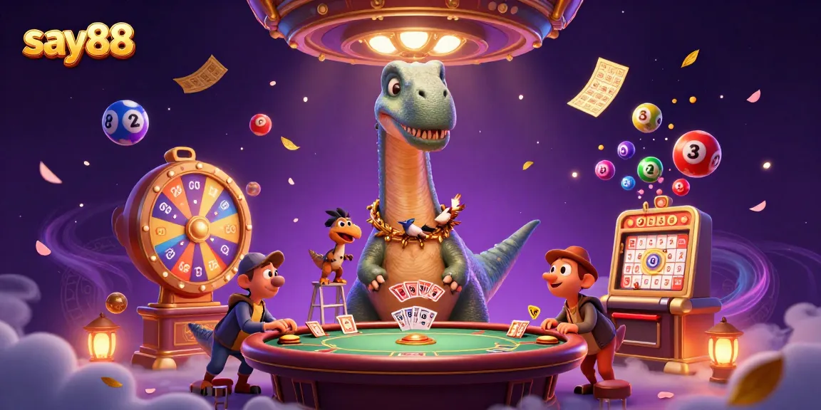 Say88 features a vibrant casino scene with a giant brontosaurus enjoying games.