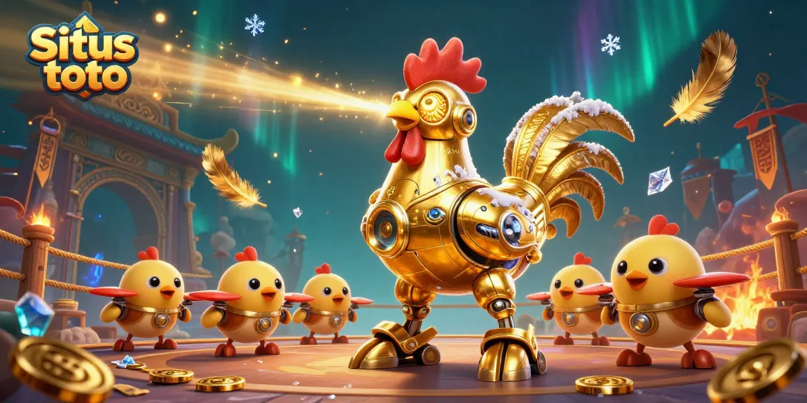 Engage with Situs toto's vibrant online betting scene featuring dynamic golden rooster robot and baby chick drones.