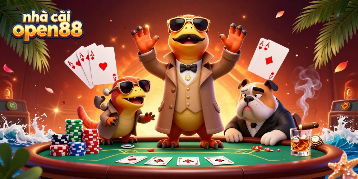 Experience excitement with nhà cái open88 in a playful 3D casino scene featuring raptors and poker elements.