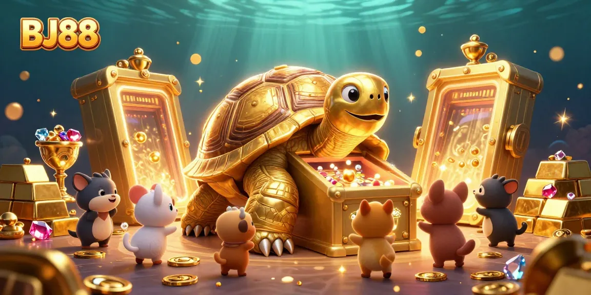 Engaging scene of BJ88 with exciting gambling elements, showcasing golden tortoise and treasures.