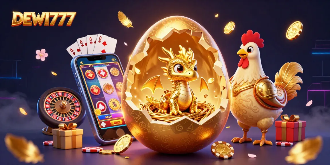 Engage in DEWI777 gaming with a vibrant scene featuring a golden dragon and slot game elements.