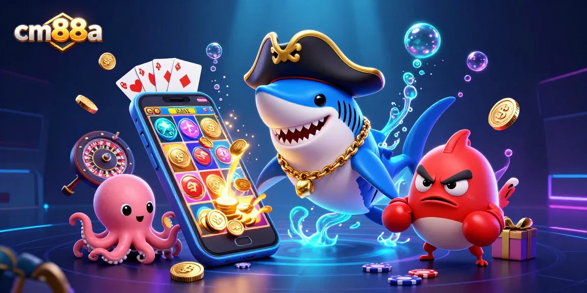 Experience the excitement of cm88a with a vibrant 3D underwater casino scene featuring a pirate shark, pufferfish, and octopus amidst colorful slots.