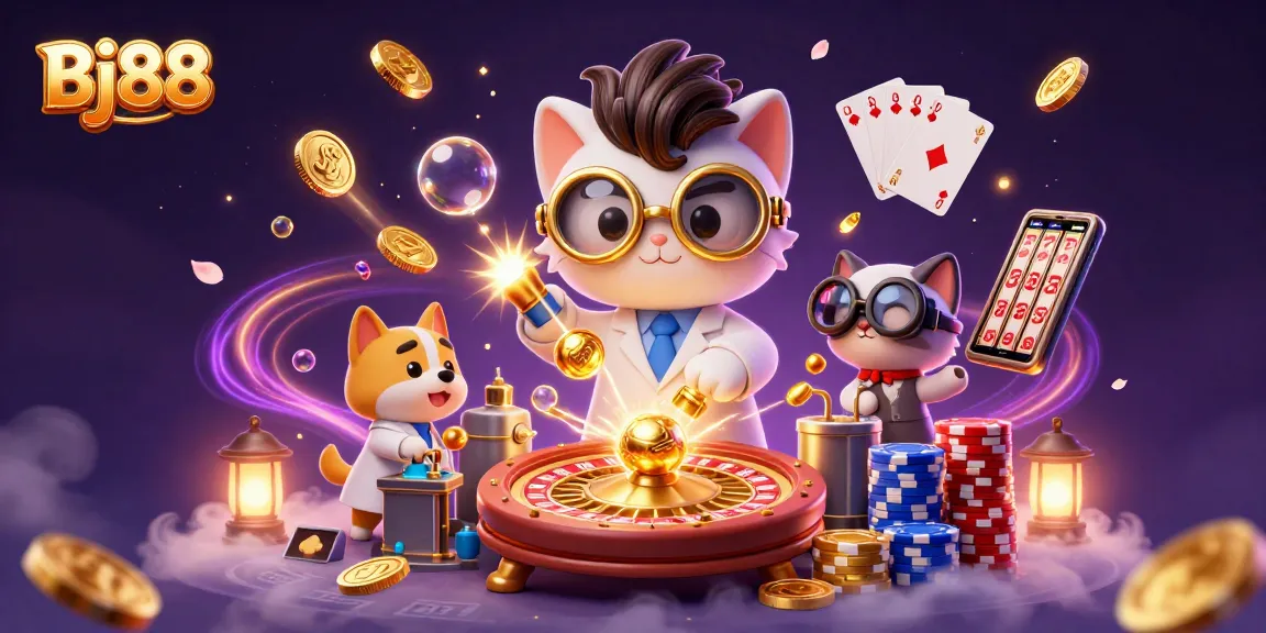 Engage with thrilling games at Bj88, showcasing vibrant casino elements and animated characters.