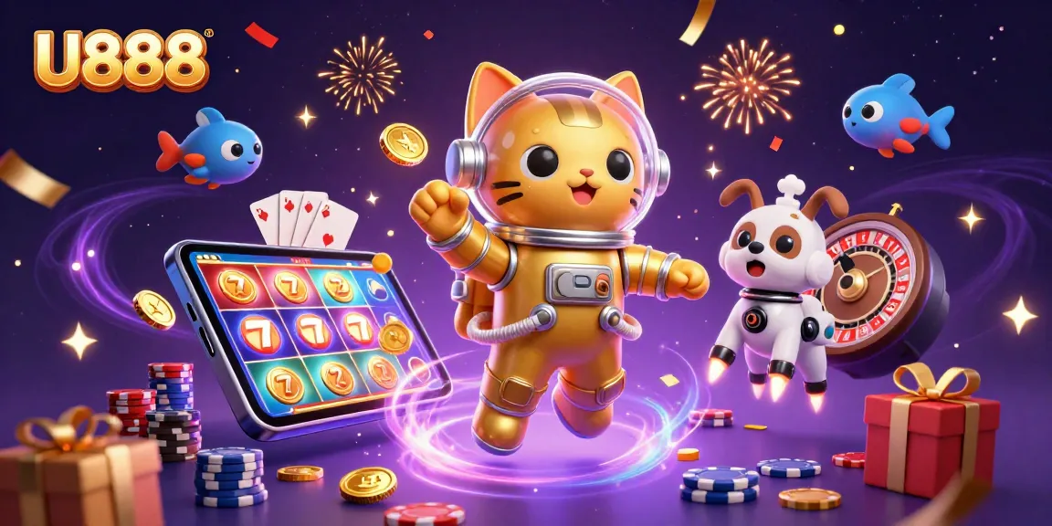 U888 captures thrilling casino action with a vibrant 3D space-themed illustration featuring slots and games.