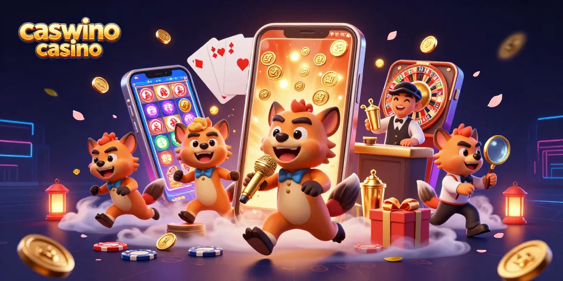 Engage with caswino casino in a vibrant 3D illustration capturing lively games and comedic entertainment.