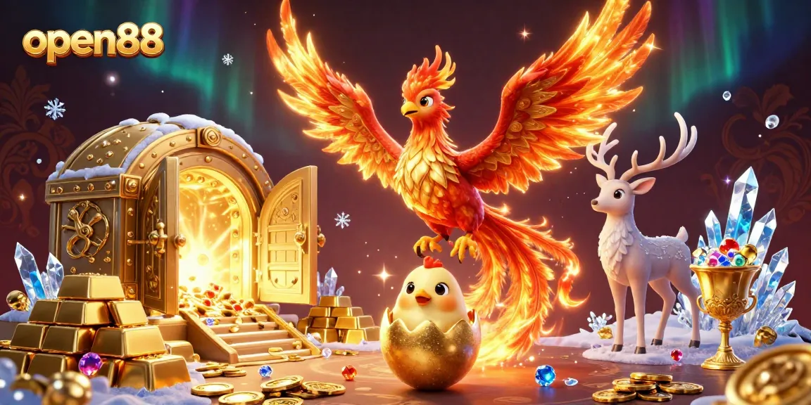 Engage with the thrilling features of open88, including a fire phoenix and treasure elements in a vibrant casino scene.