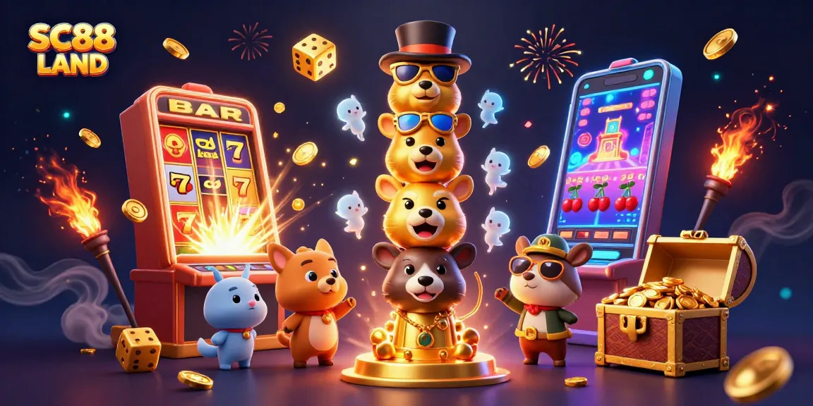 Experience the excitement at SC88 LAND with a vibrant casino-themed 3D animation portraying golden winnings and joyous game elements.