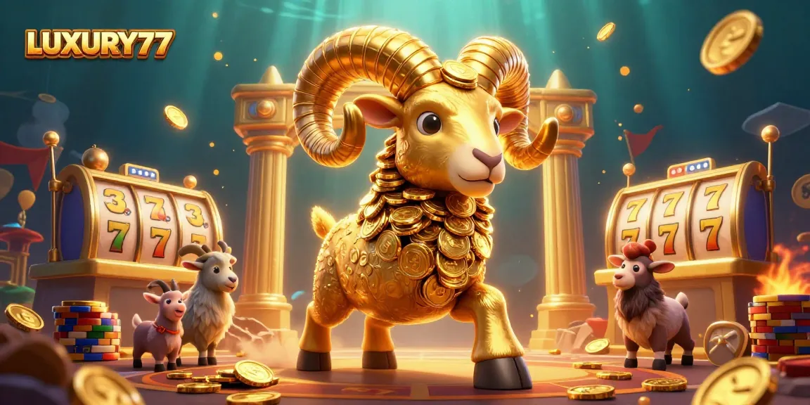 LUXURY77 showcasing vibrant slot gaming action with golden ram, jackpots, and dynamic casino elements.