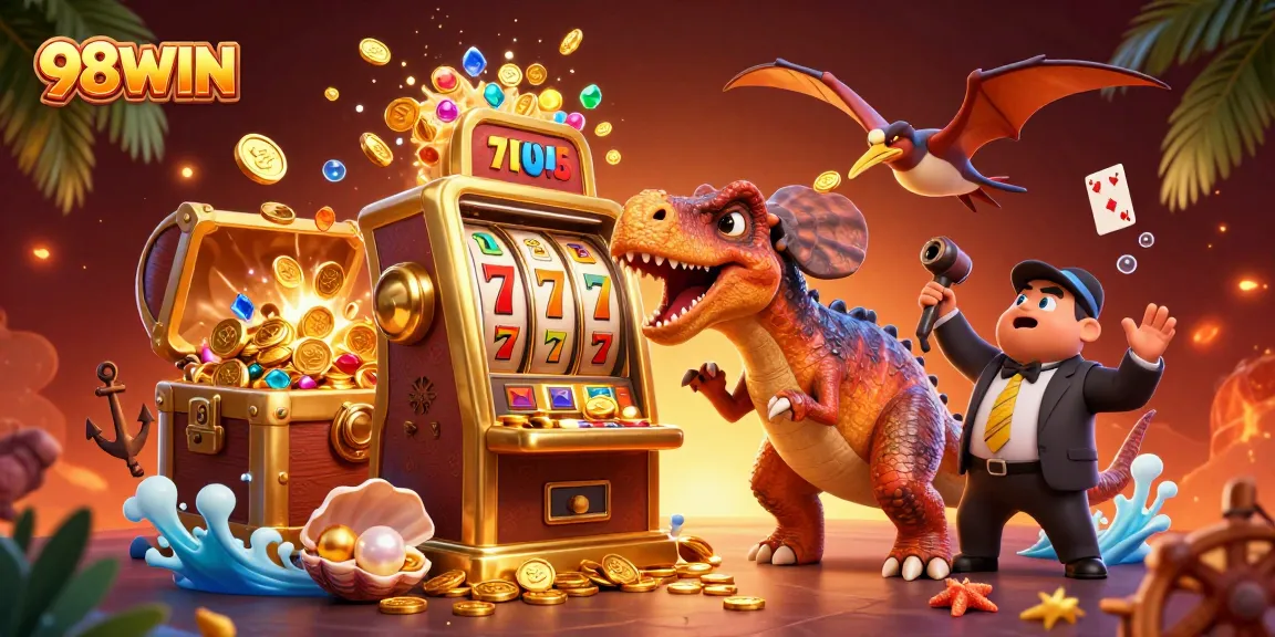 Experience thrilling wins with 98WIN's vibrant casino scene featuring dynamic characters and golden slot payouts.