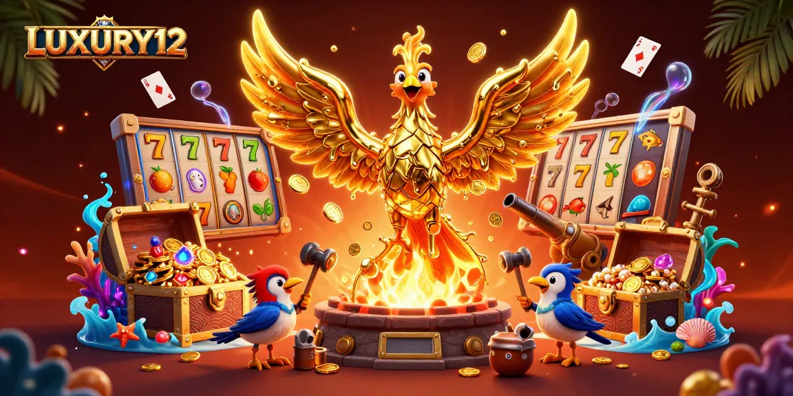 LUXURY12 players enjoy dynamic slot action with a golden phoenix surrounded by jackpot elements and treasure.