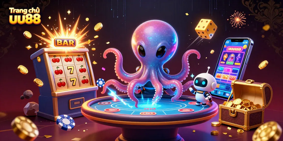 Experience the vibrant world of Trang chủ uu88 with an alien octopus and poker table in a stunning digital illustration.