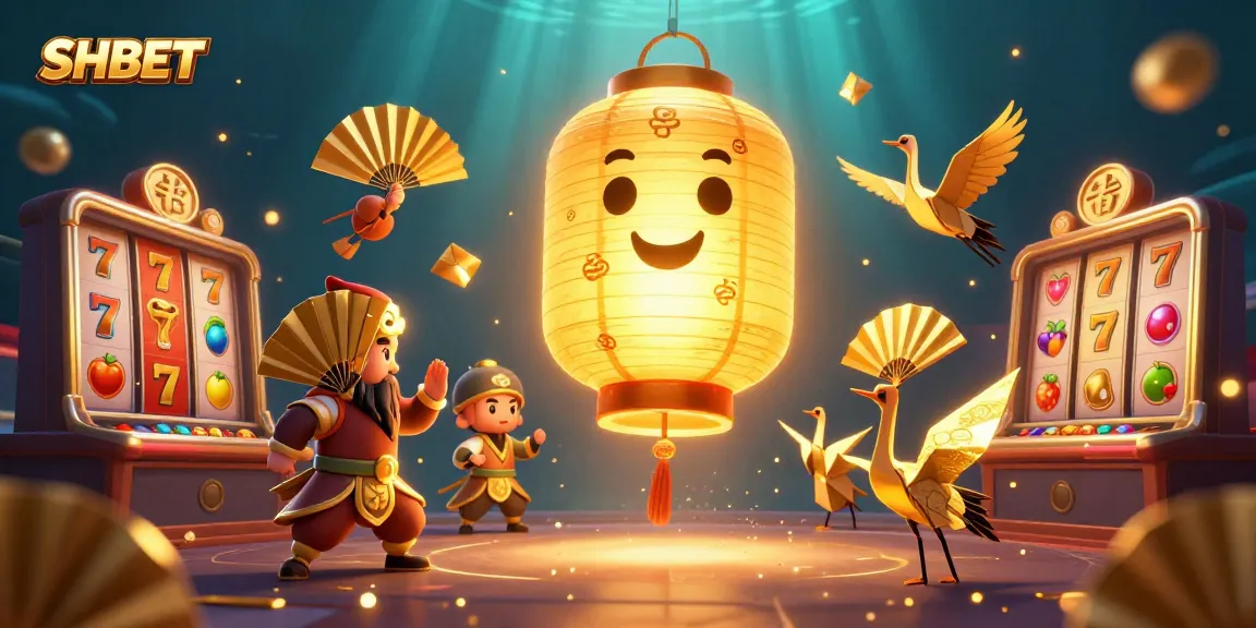 Join the excitement at SHBET casino with vibrant golden symbols, floating lantern spirits, and dynamic gaming elements.