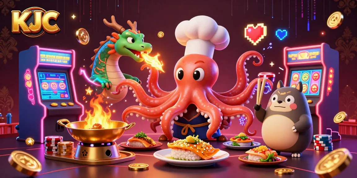 KJC presents a vibrant casino scene featuring a sushi chef octopus, a dragon, and a tanuki engaged in high-stakes gaming.