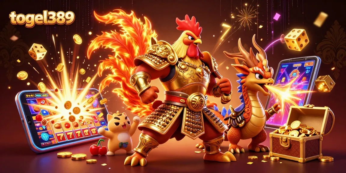 Spin the reels at togel389 with a cartoon rooster and dragon winning jackpot coins!