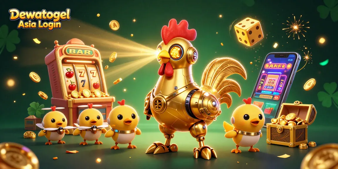 Dewatogel Asia Login showcases a vibrant 3D illustration of a golden rooster robot surrounded by dynamic casino elements.