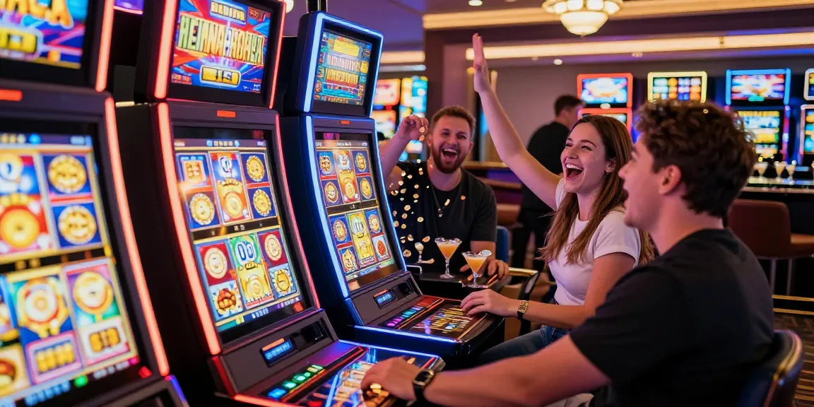 Pengunjung situs slot gacor menikmati permainan mesin slot di kasino dengan wajah ceria dan koin berjatuhan, menang besar hari ini!